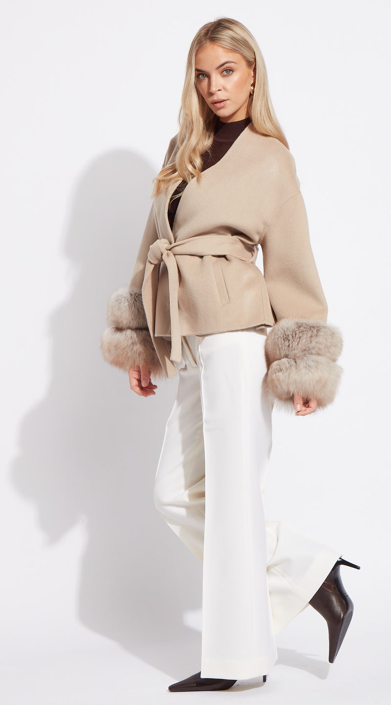 Luxy Cashmere Cropped Double Cuffed Coat - Taupe