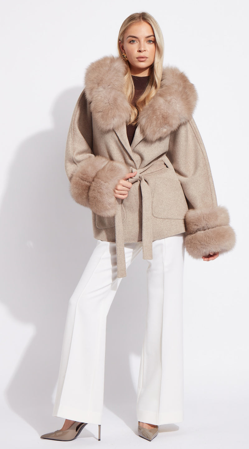 The London Cashmere & Fur Collar & Double Cuffed Coat - Taupe