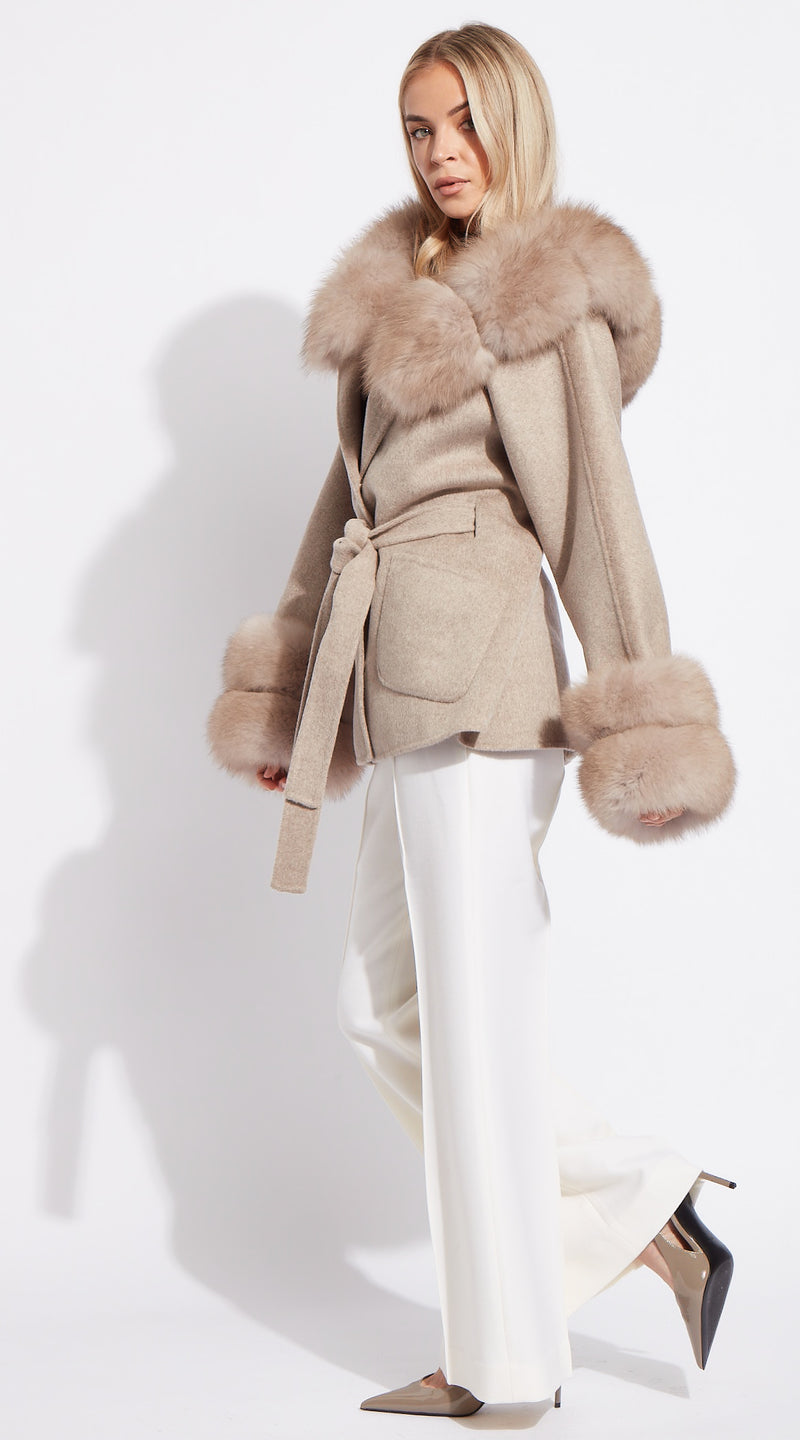 The London Cashmere & Fur Collar & Double Cuffed Coat - Taupe