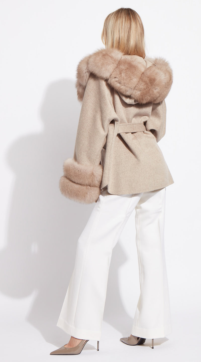 The London Cashmere & Fur Collar & Double Cuffed Coat - Taupe