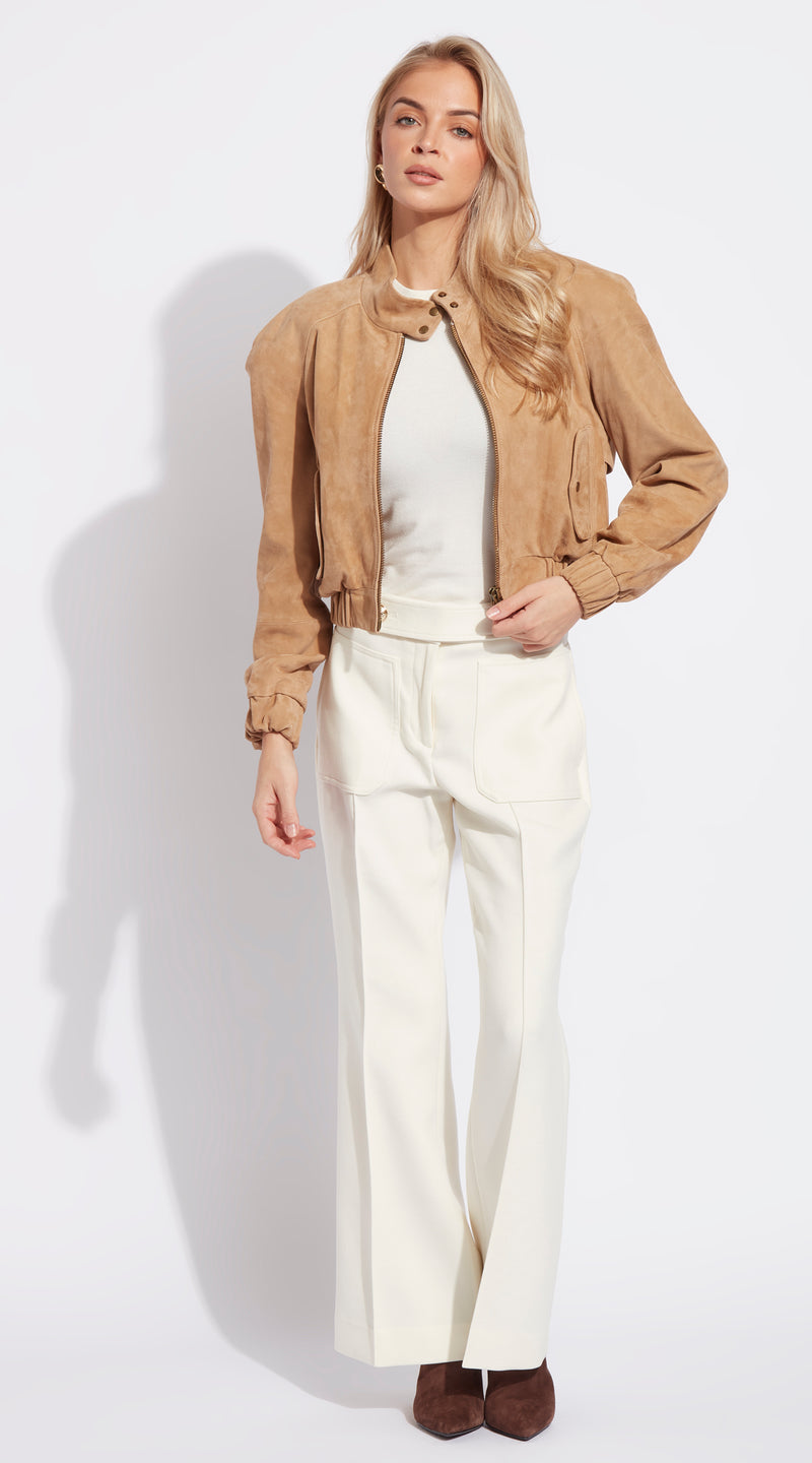 Luxy Suede Cropped Bomber - Light Beige