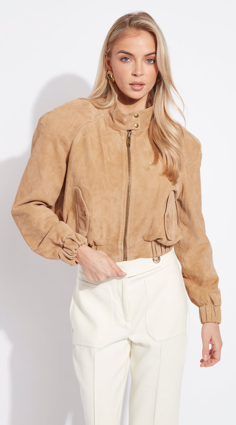 Luxy Suede Cropped Bomber - Light Beige