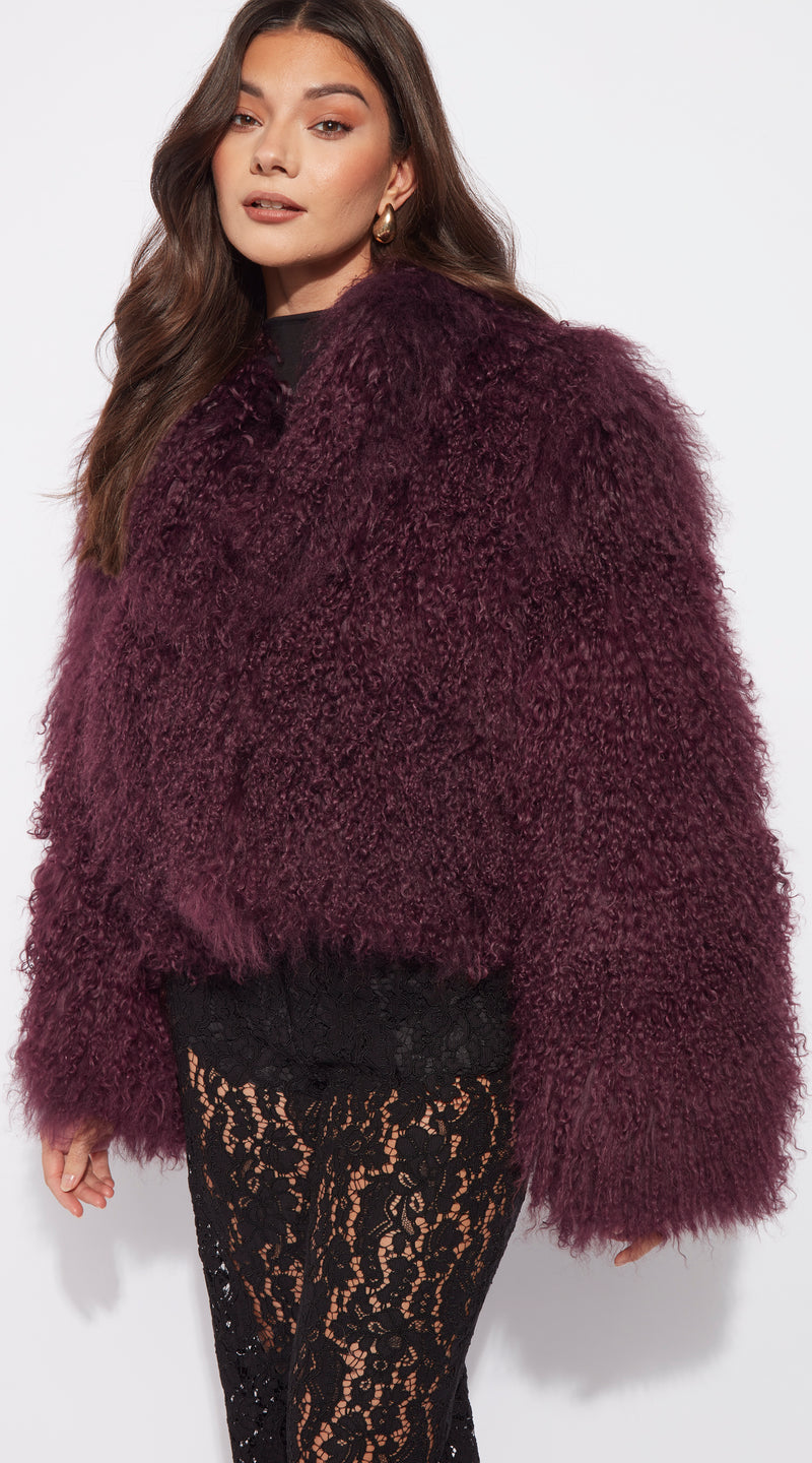 Mongolian Cropped Coat - Burgundy