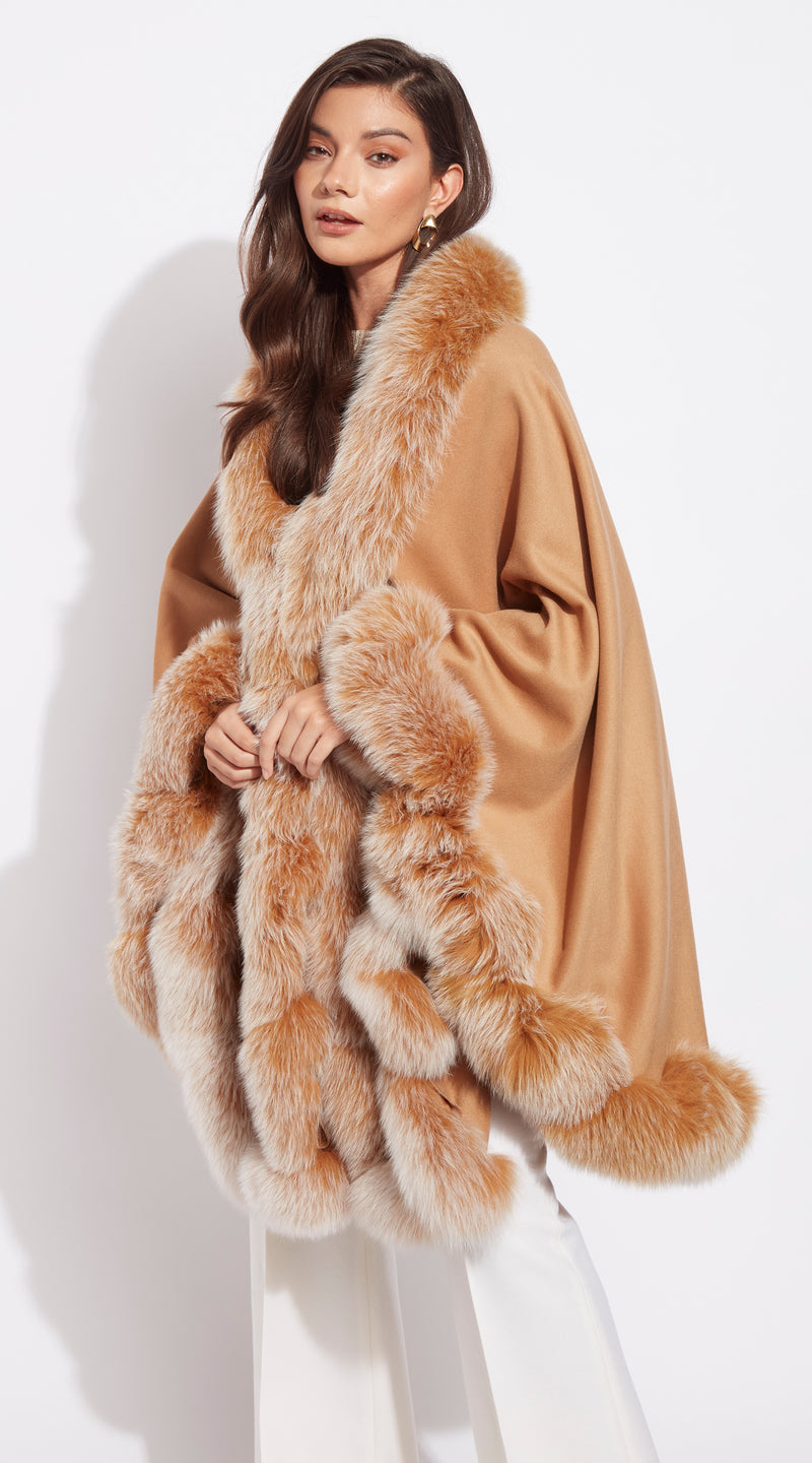 The Luxy Cashmere & Spiral Cape - Light Camel & Frost