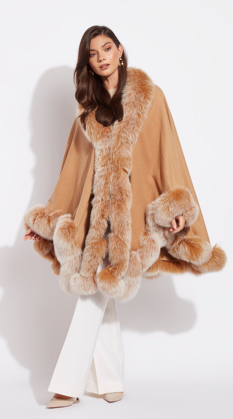 The Luxy Cashmere & Spiral Cape - Light Camel & Frost