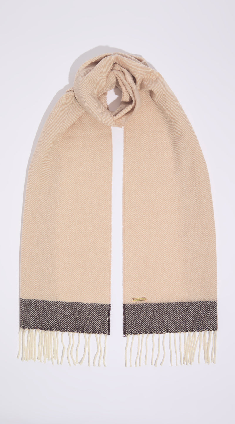 Luxy Lambs Wool Scarf - Beige Herringbone/Brown