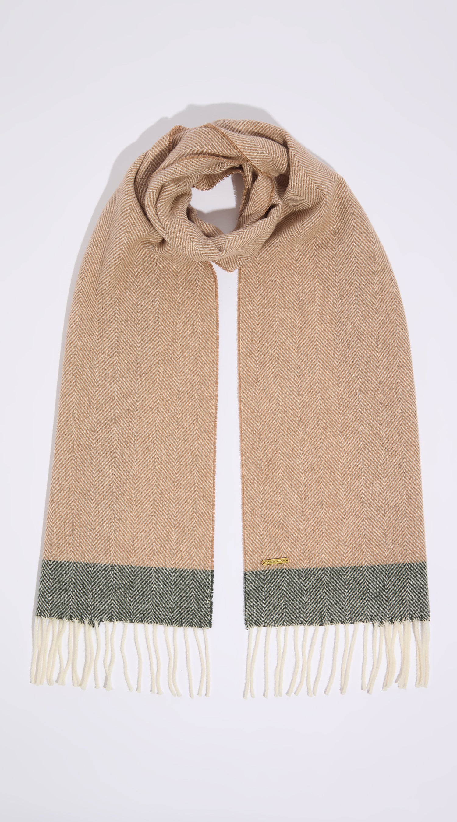 Luxy Lambs Wool Scarf - Beige Herringbone/Green