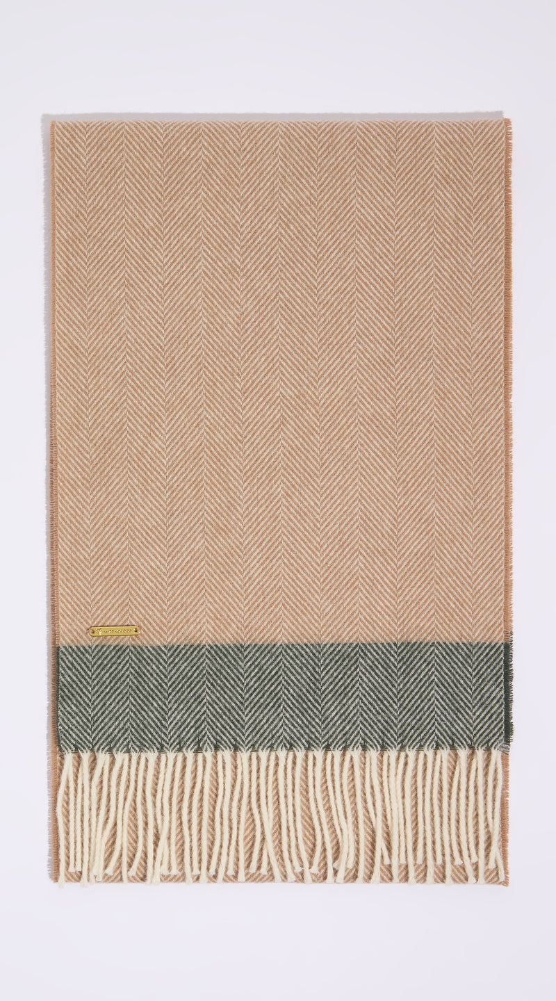 Luxy Lambs Wool Scarf - Beige Herringbone/Green