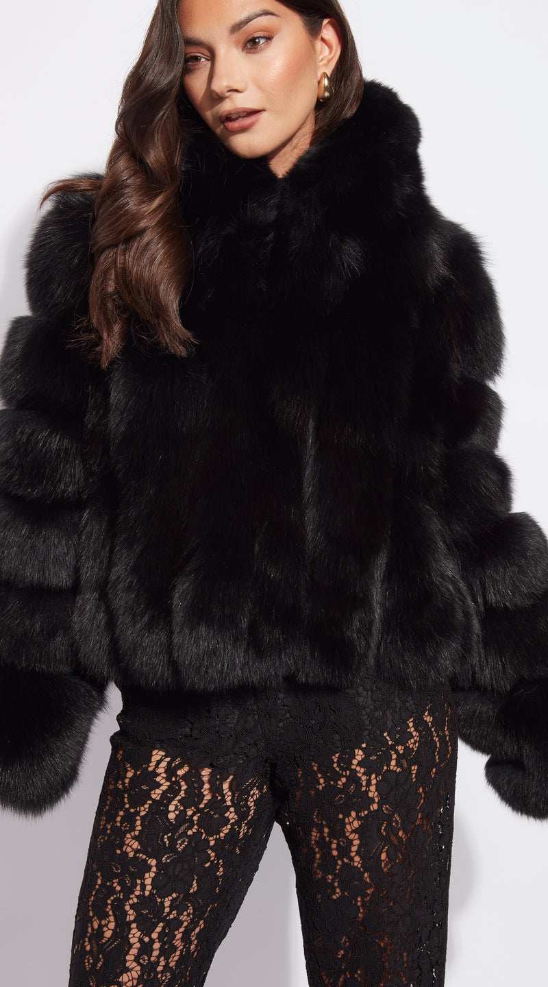 Supreme Luxy  Fox Fur Collared Coat - Black