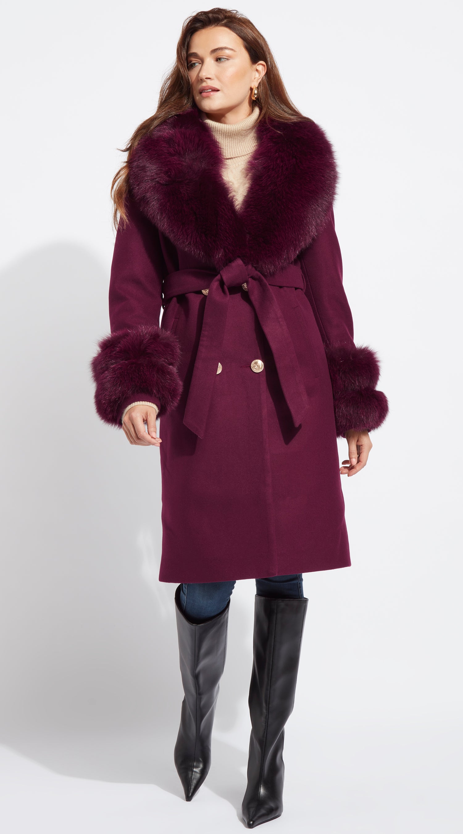 Supreme Luxy Cashmere & Fox Fur Belted Coat - Bordeaux