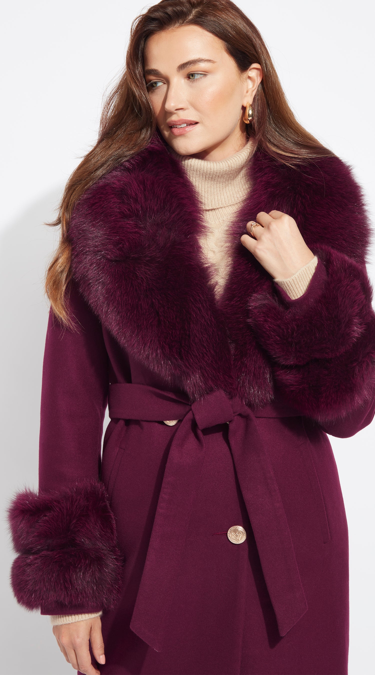 Supreme Luxy Cashmere & Fox Fur Belted Coat - Bordeaux