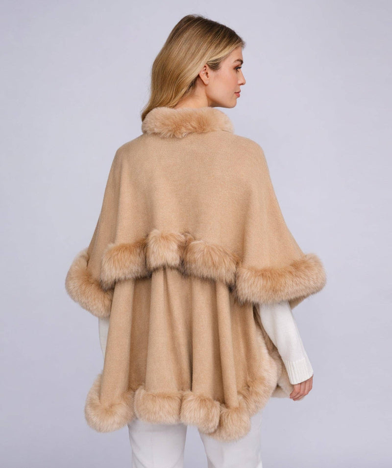 Anabelle Faux Fur Trim Tiered Cape - Tan