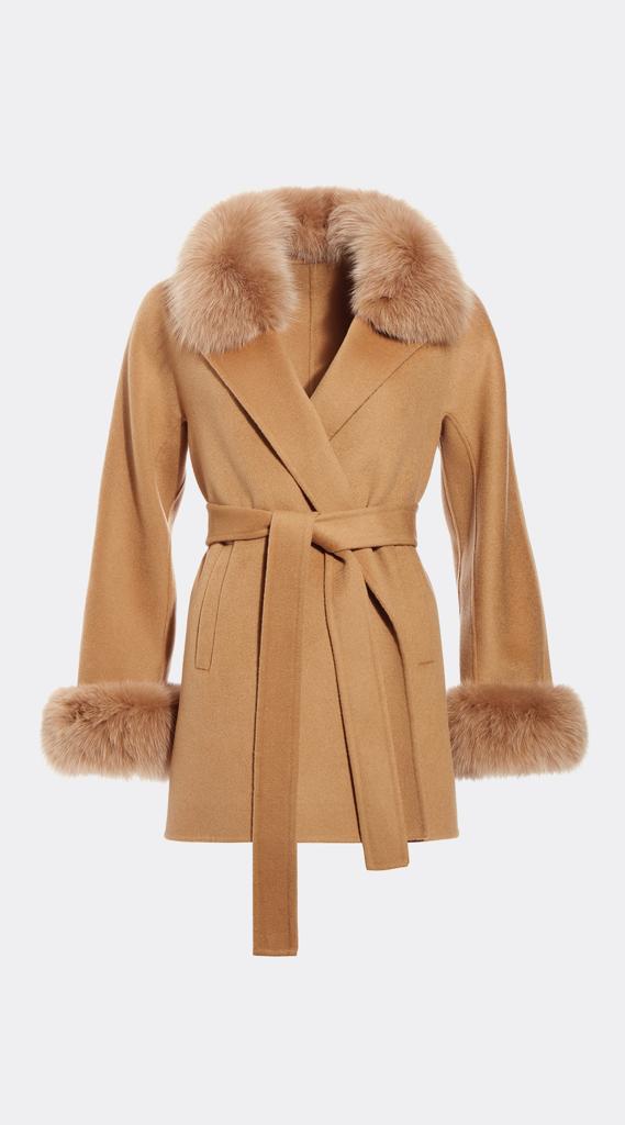 Luxy Cashmere & Fox Fur Belted Wrap Coat - Camel