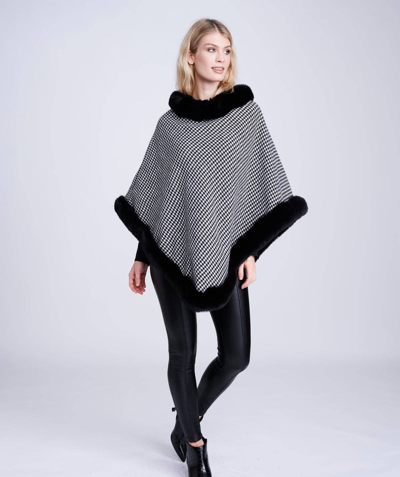 Houndstooth Faux Fur Trimmed Poncho - Black