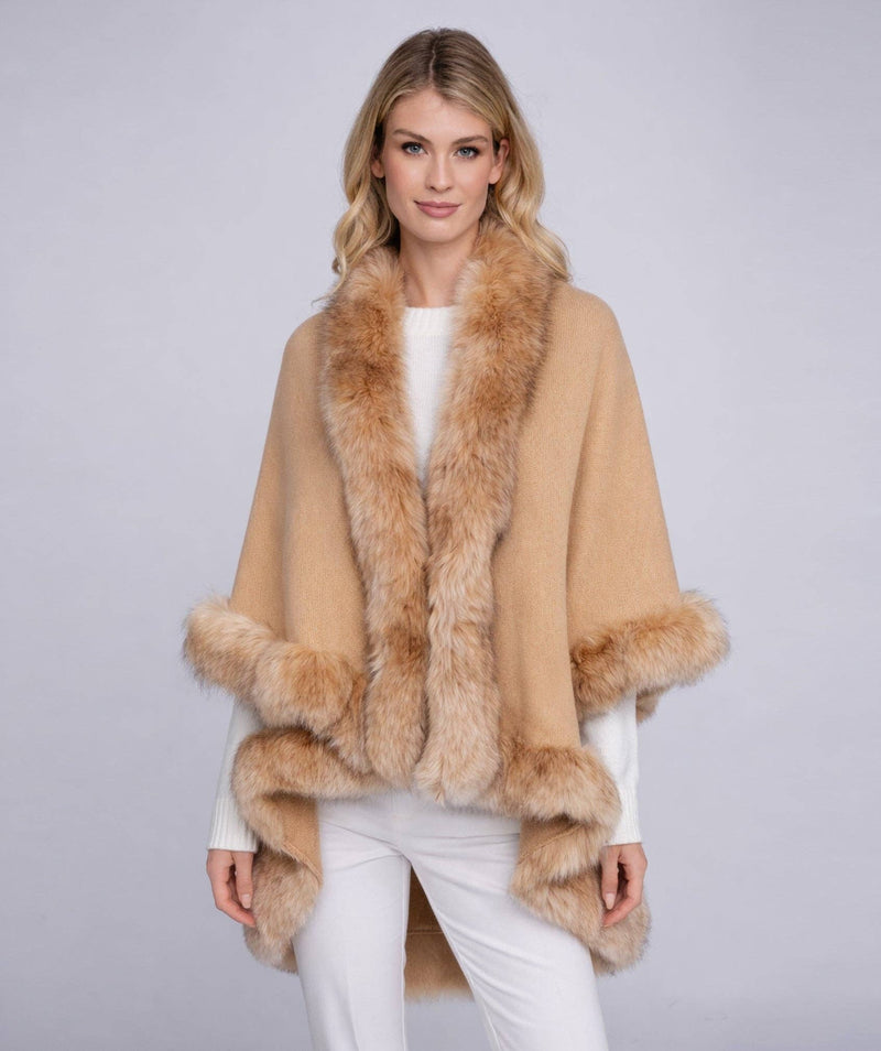 Anabelle Faux Fur Trim Tiered Cape - Tan