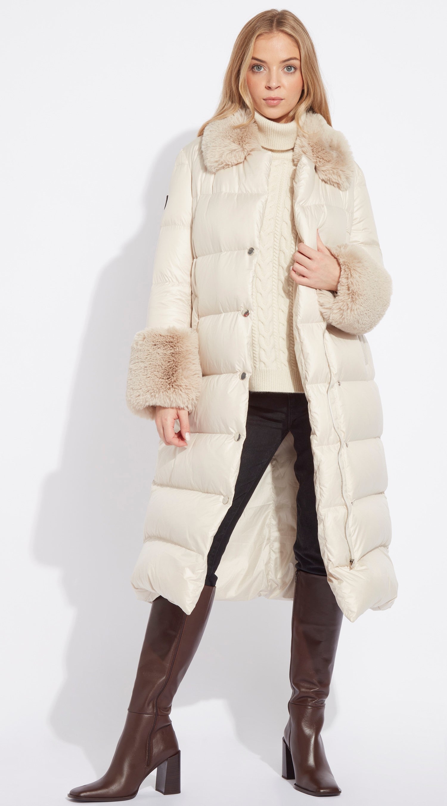 Luxy Long Faux Fur Trimmed Down Coat - Ecru