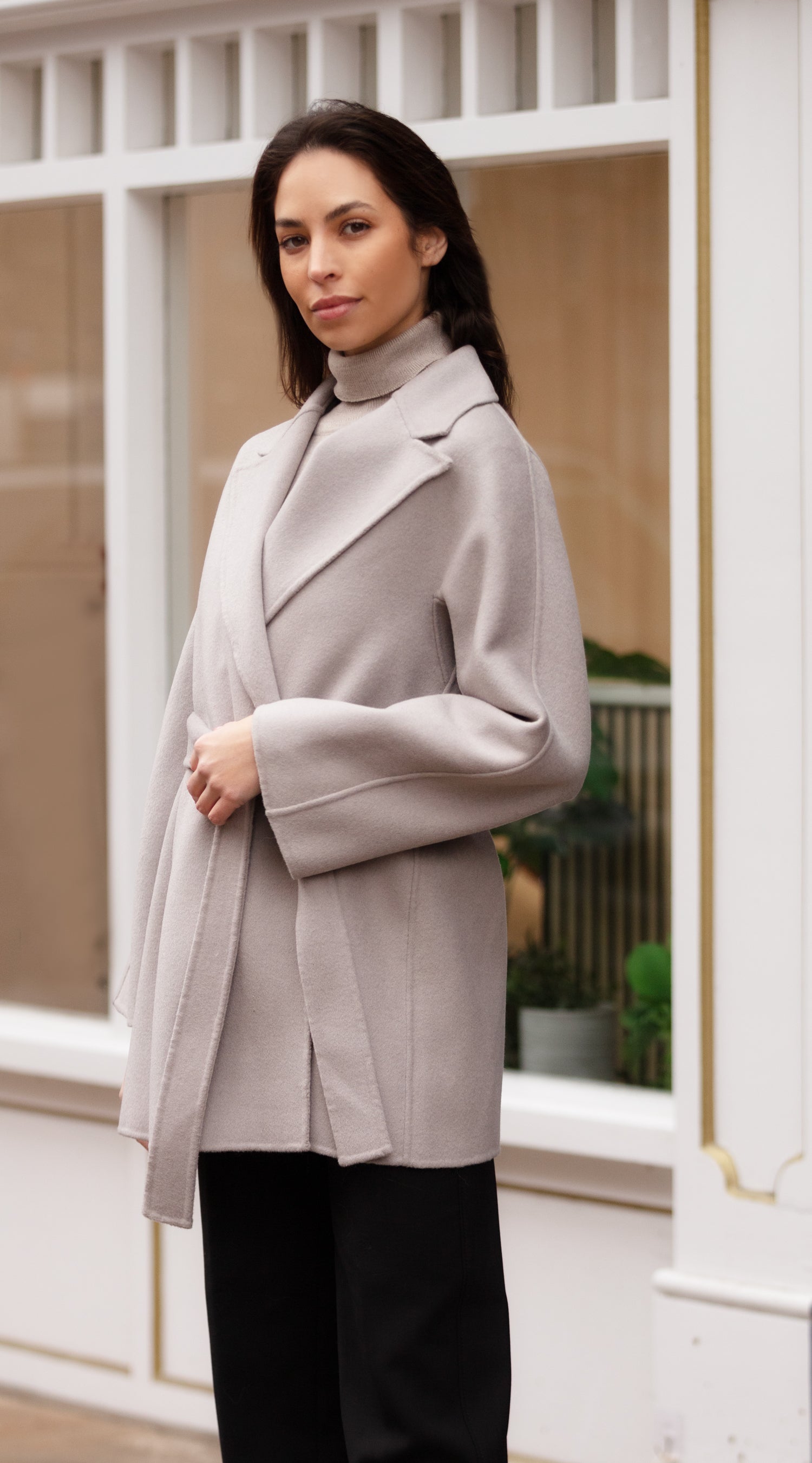 Luxy Cashmere Belted Wrap Coat - Warm Grey