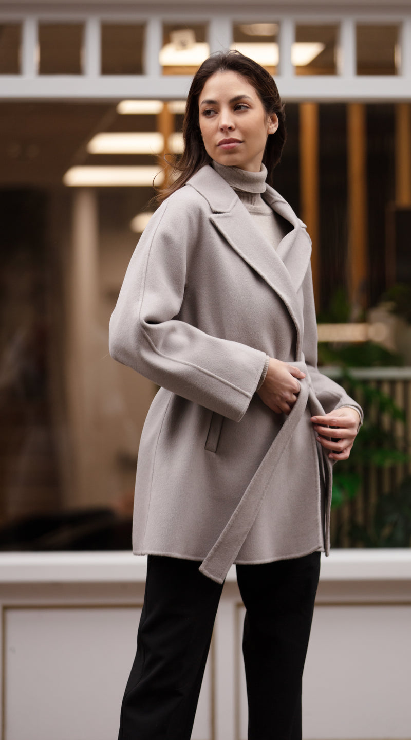 Luxy Cashmere Belted Wrap Coat - Warm Grey
