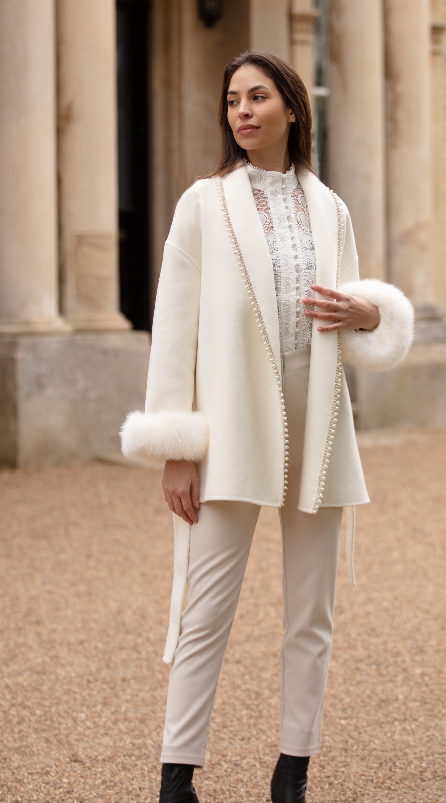 Cashmere & Fur Embellished Belted Coat - Milk