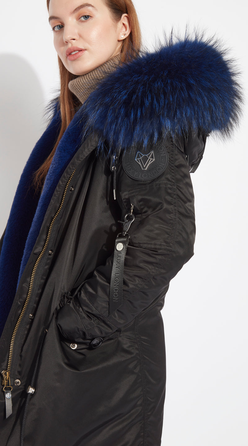 Womens Black Water-Repellent Luxy Fur Parka - 3/4 Admiral Blue