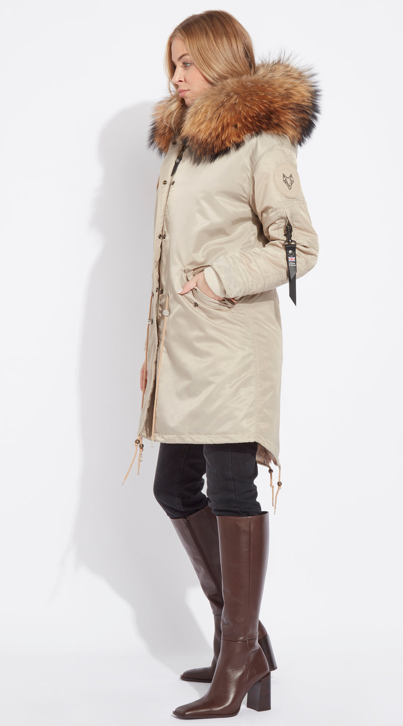 Womens Nude Water-Repellent Luxy Fur Parka - 3/4 Natural