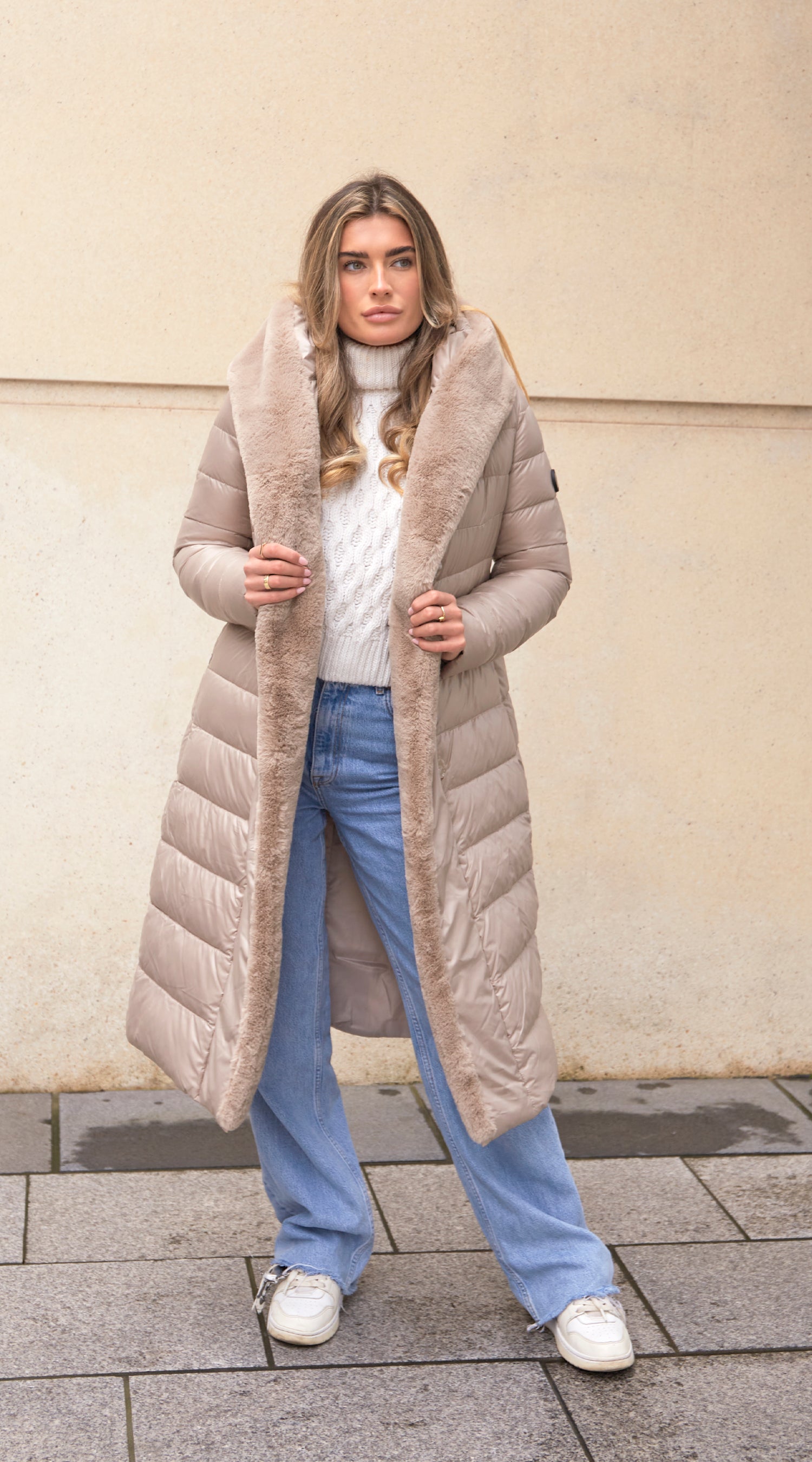 OUTLET Luxy Long-Line Faux Fur Padded Jacket - Taupe