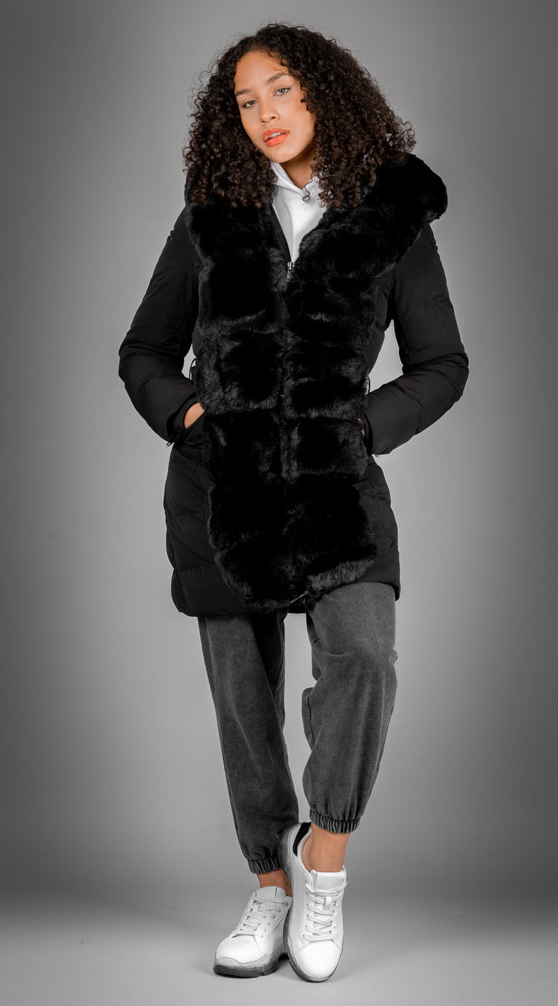 Luxy Longline Faux Fur Padded Coat - Black