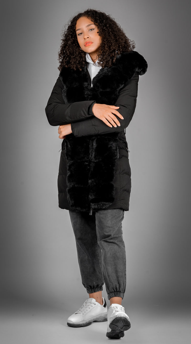 Luxy Longline Faux Fur Padded Coat - Black