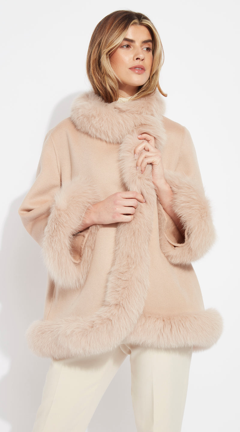 Cashmere & Fox Fur Wrap Coat - Nude Beige
