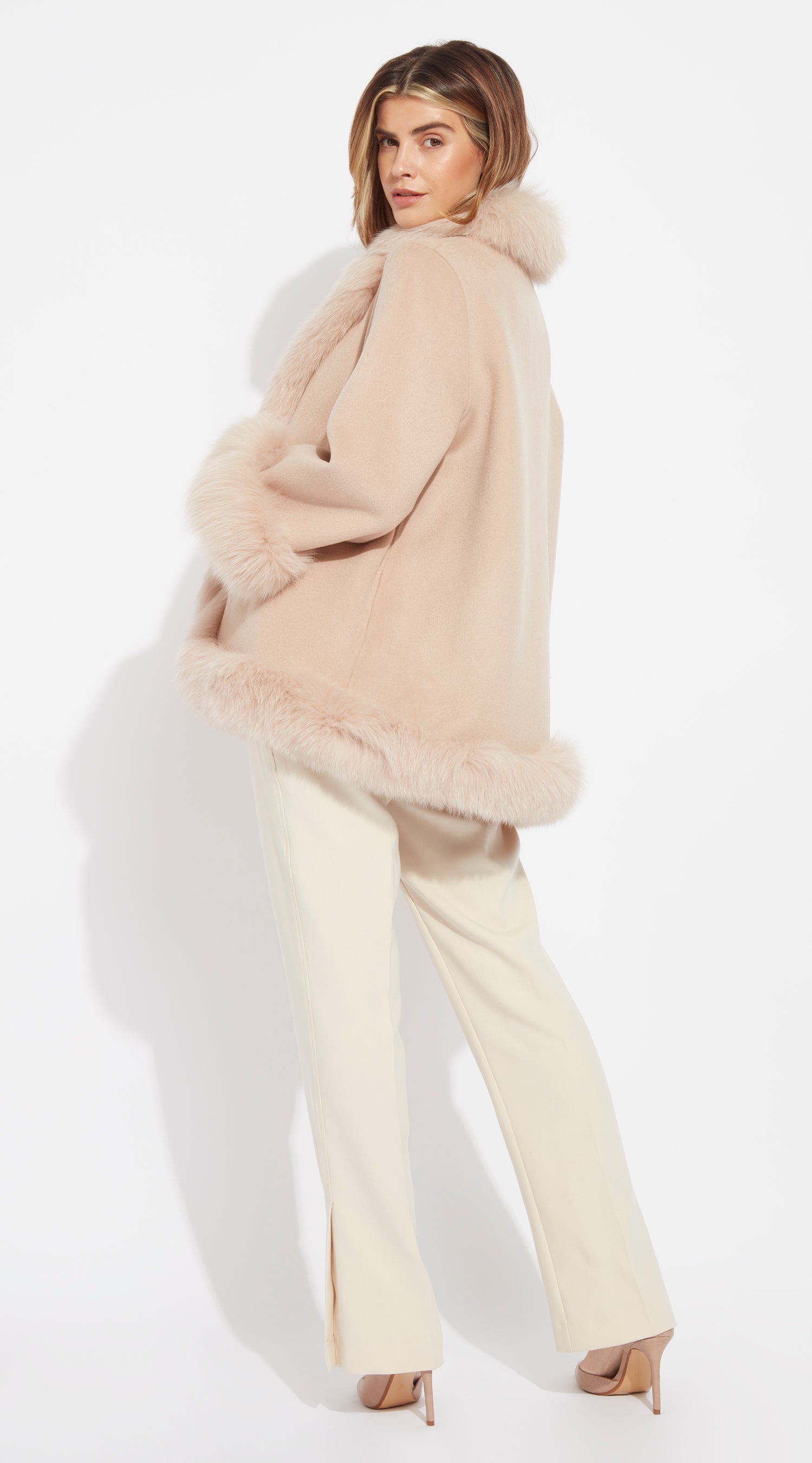 Cashmere & Fox Fur Wrap Coat - Nude Beige
