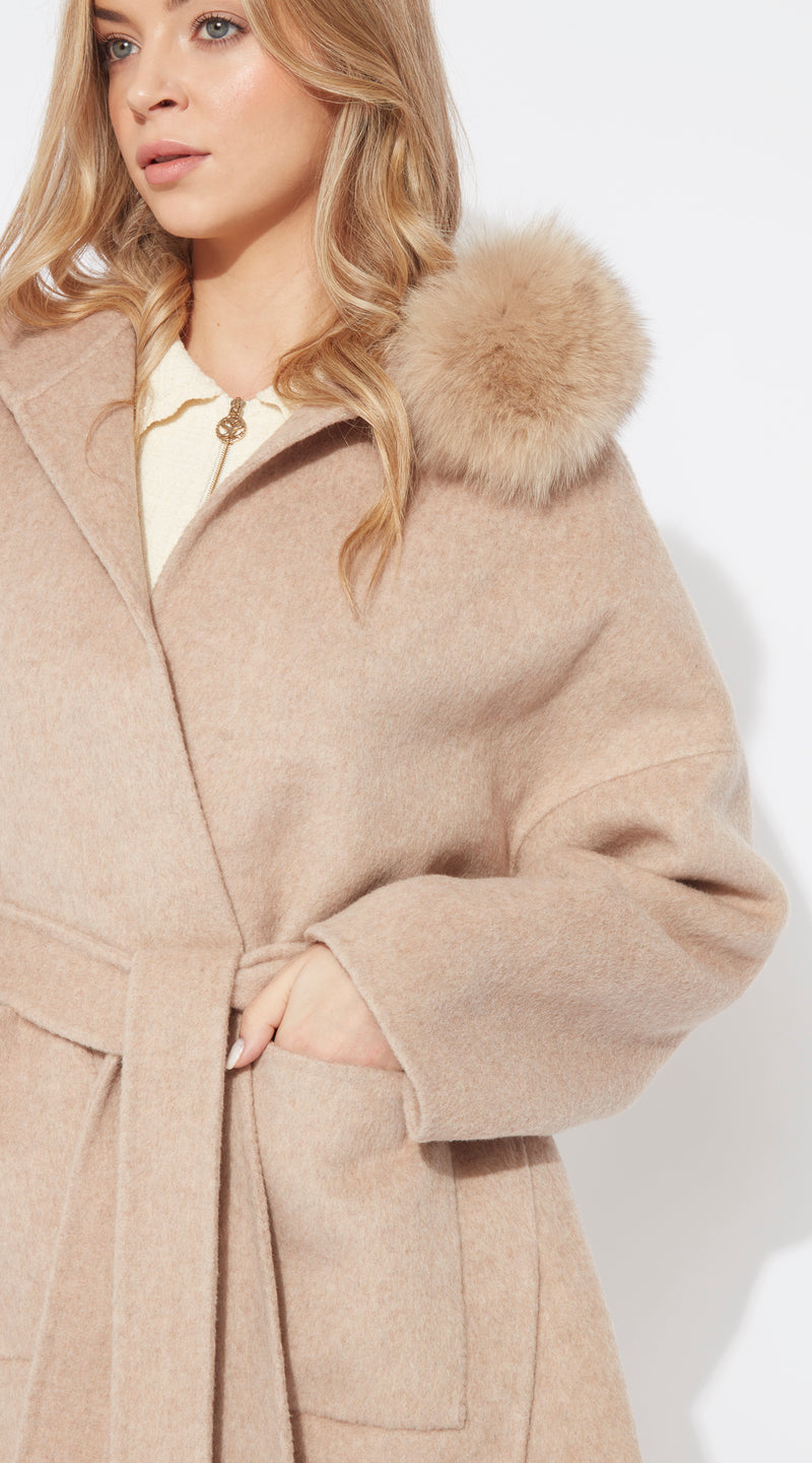 The London Cashmere & Fox Fur Belted Coat - Golden Beige