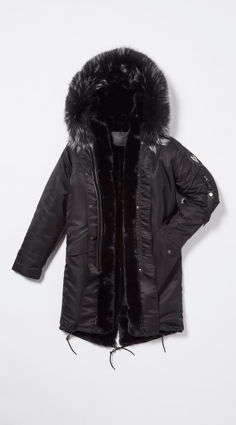 Mens Black Water-Repellent Luxy Fur Parka - 3/4 Black Mist