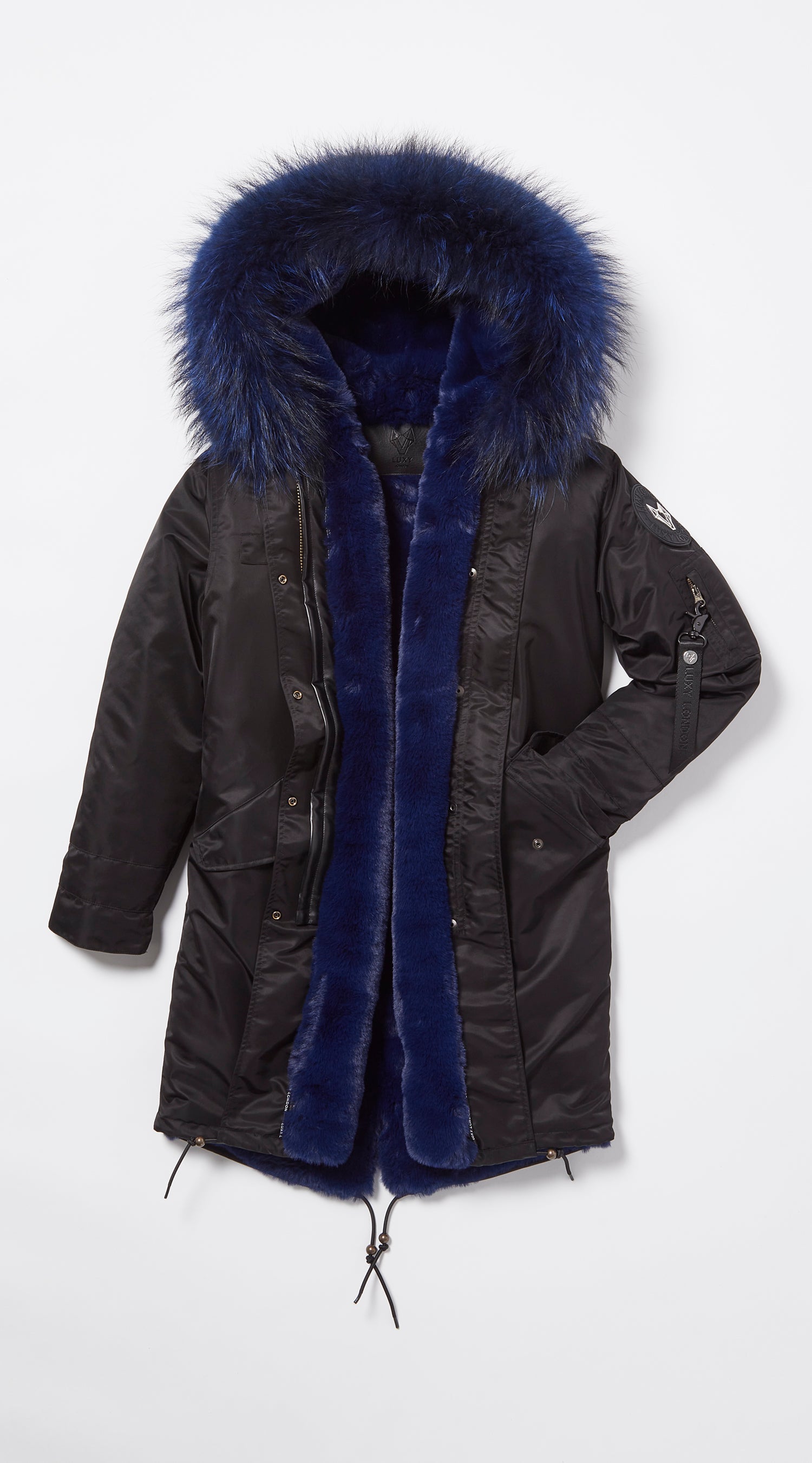 Womens Black Water-Repellent Luxy Fur Parka - 3/4 Admiral Blue