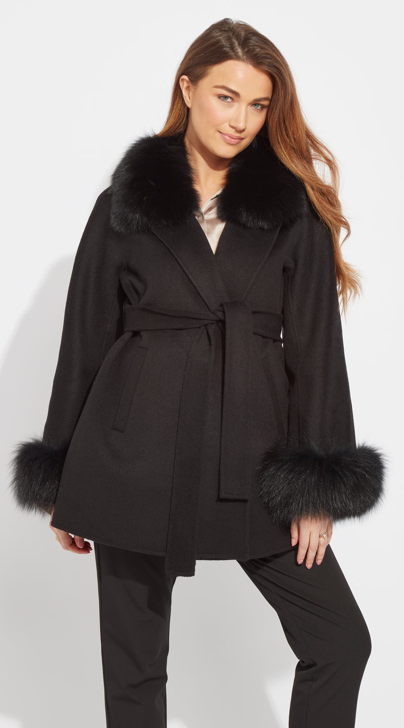 Luxy Cashmere & Fox Fur Belted Wrap Coat - Black