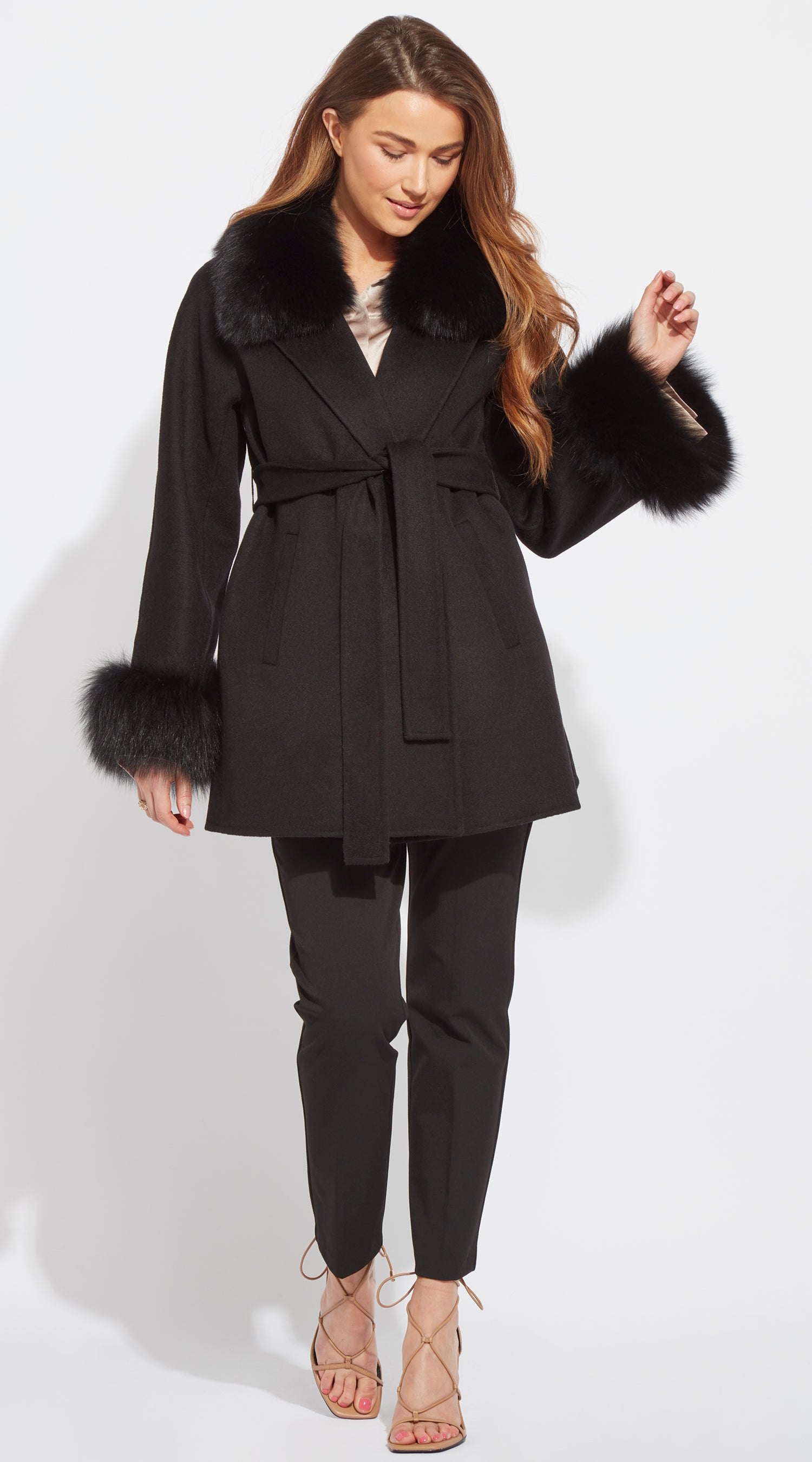 Luxy Cashmere & Fox Fur Belted Wrap Coat - Black