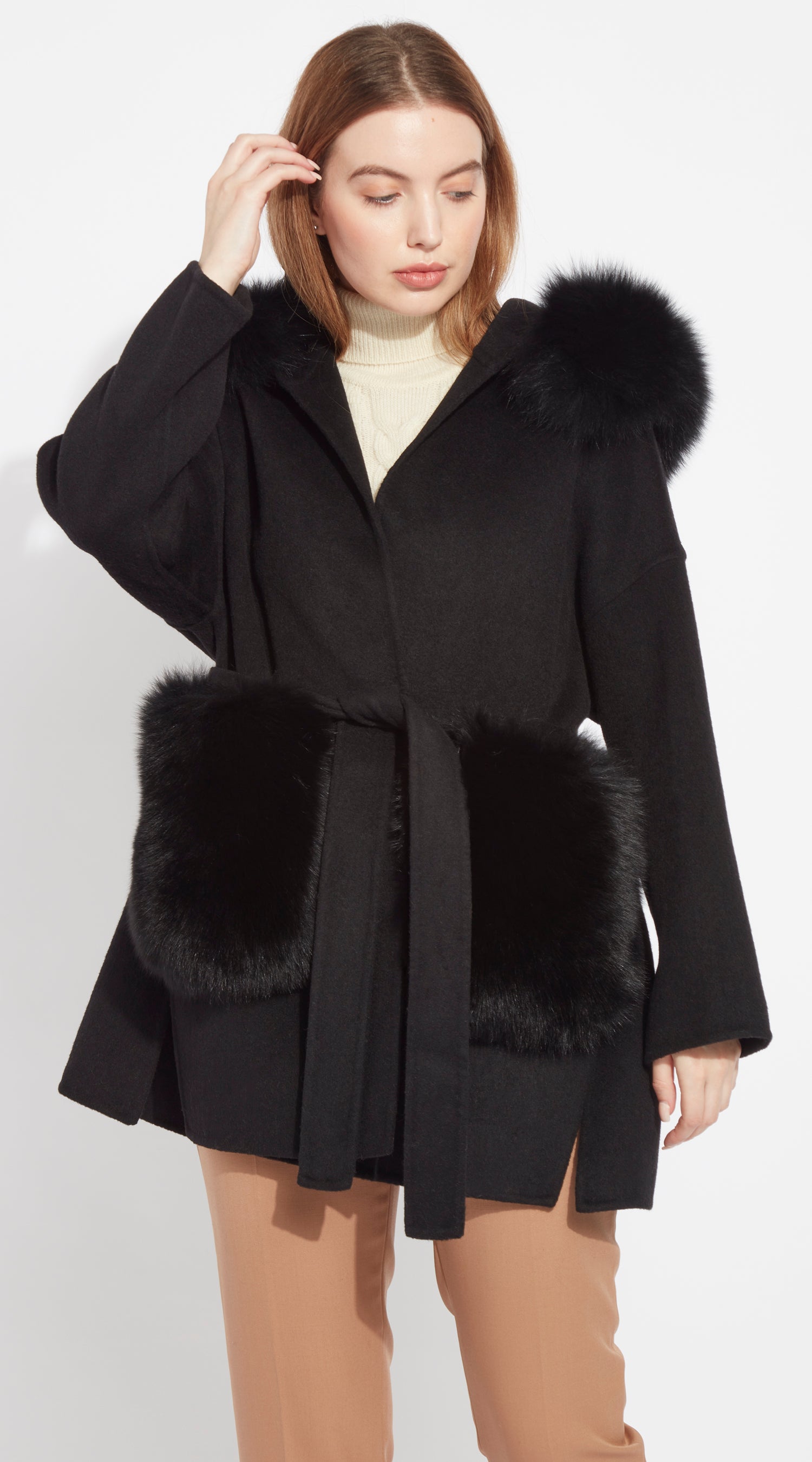 The London Cashmere & Fox Fur Hood & Pockets Belted Coat - Black