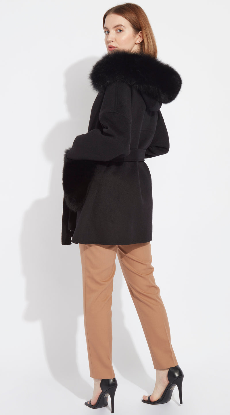 The London Cashmere & Fox Fur Hood & Pockets Belted Coat - Black
