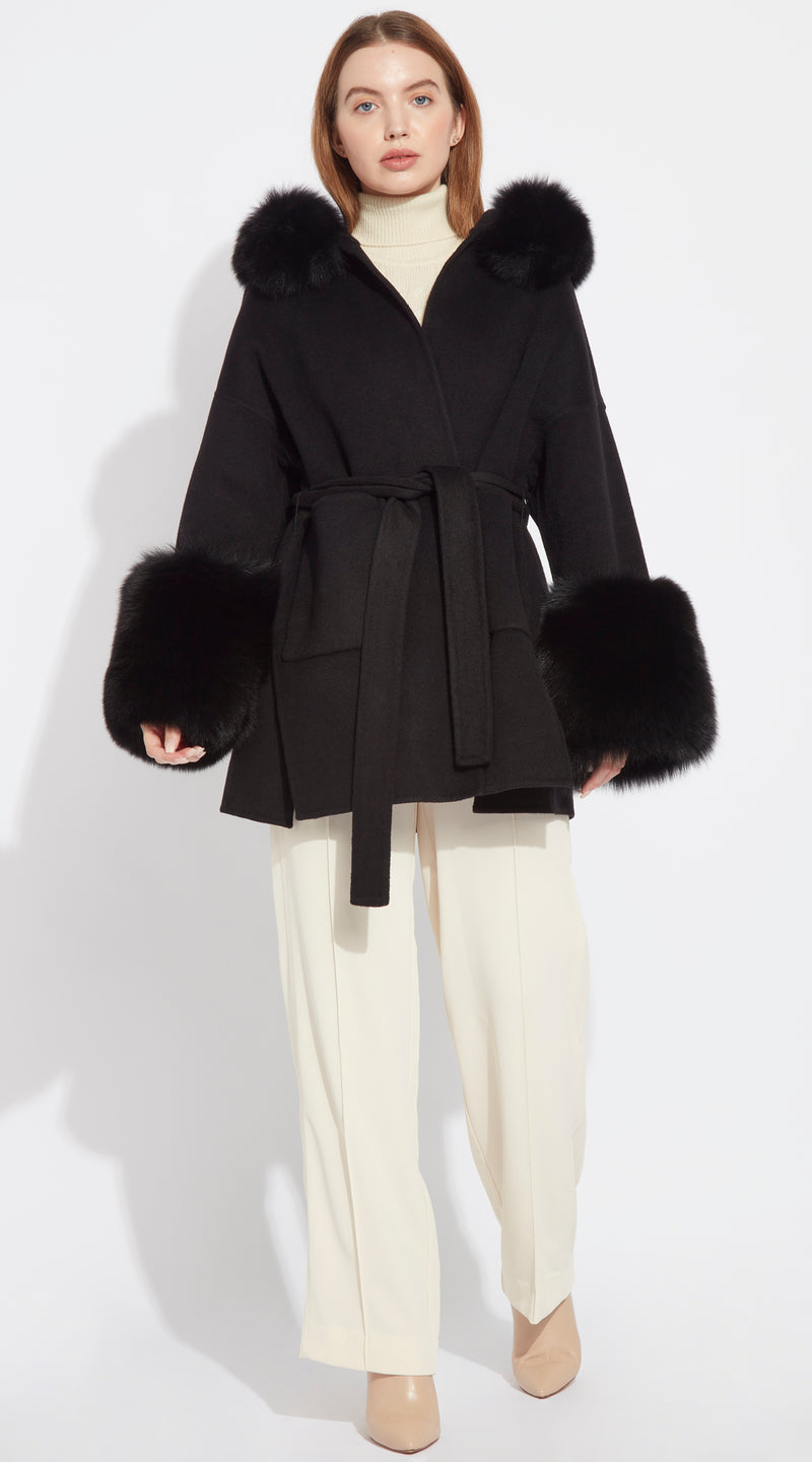 The London Cashmere Fox Fur Belted/Cuffed Coat Black – Luxy London