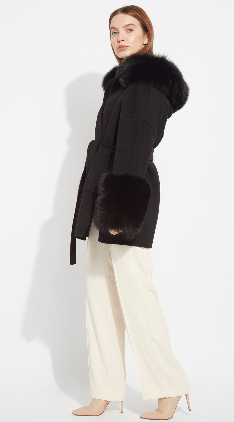 The London Cashmere & Fox Fur Belted/Cuffed Coat - Black