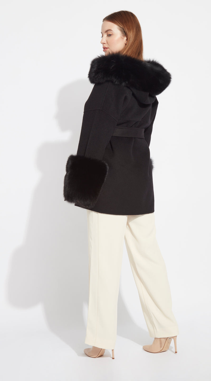 The London Cashmere & Fox Fur Belted/Cuffed Coat - Black
