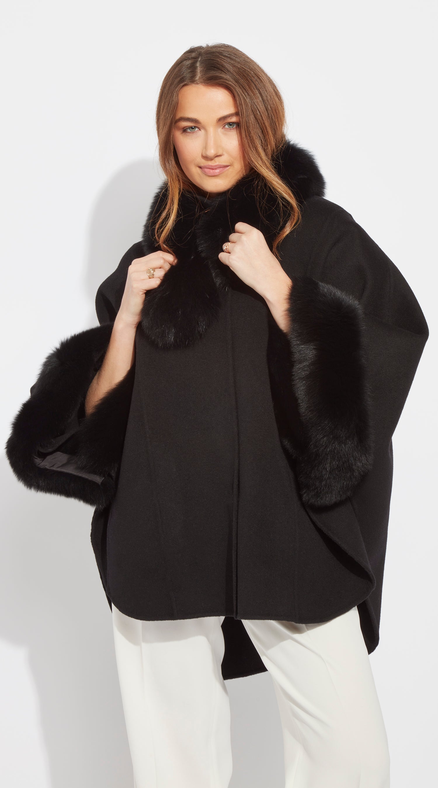 Cashmere and Fox Fur Relaxed Cape Coat - Black