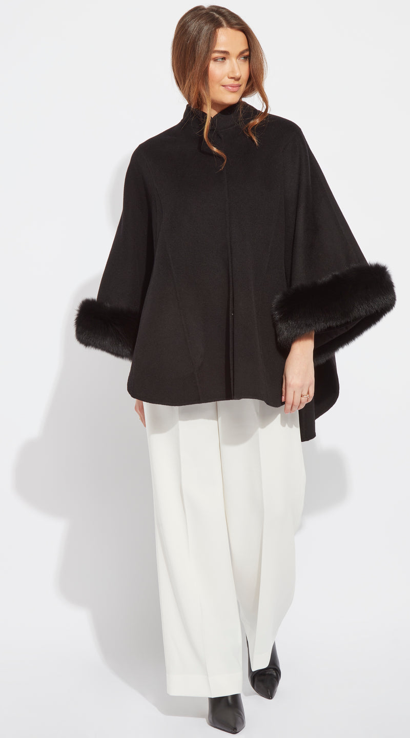 Cashmere and Fox Fur Relaxed Cape Coat - Black