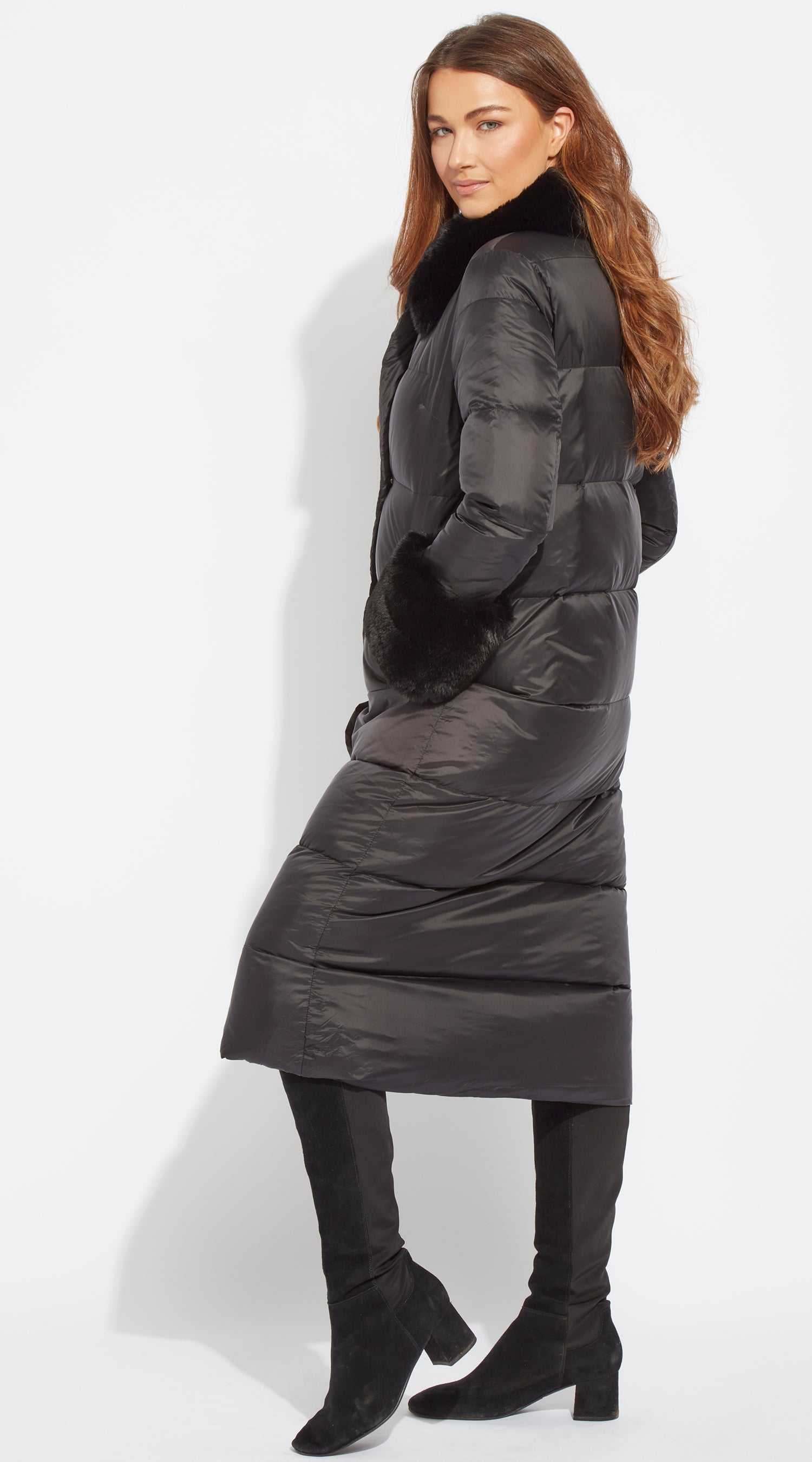 Luxy Long Faux Fur Trimmed Down Coat - Black