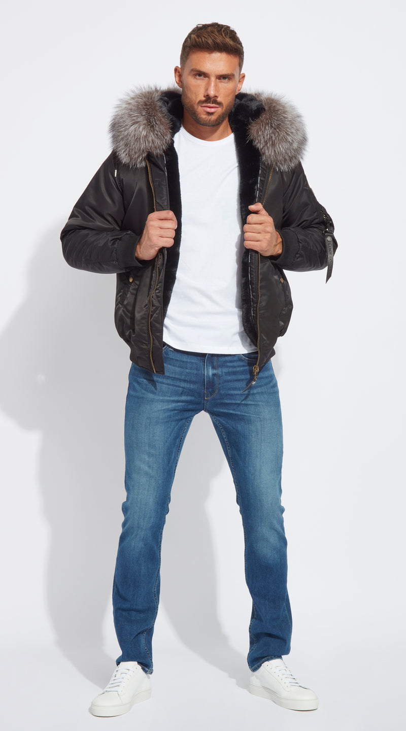 Mens Black Luxy Fur Bomber Silver Frost Fox – Luxy London