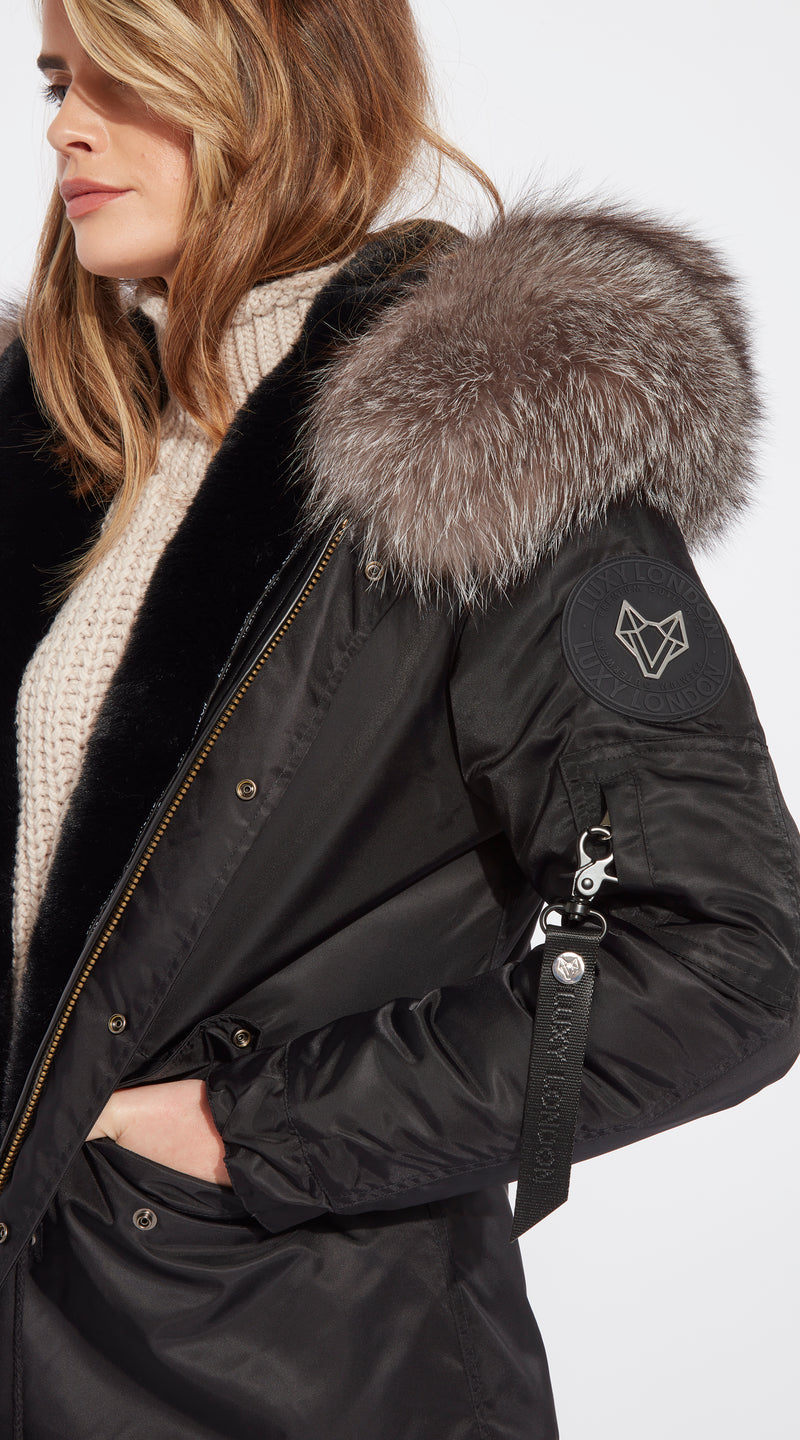 Womens Black Water-Repellent Luxy Fur Parka - Silver Frost Fox