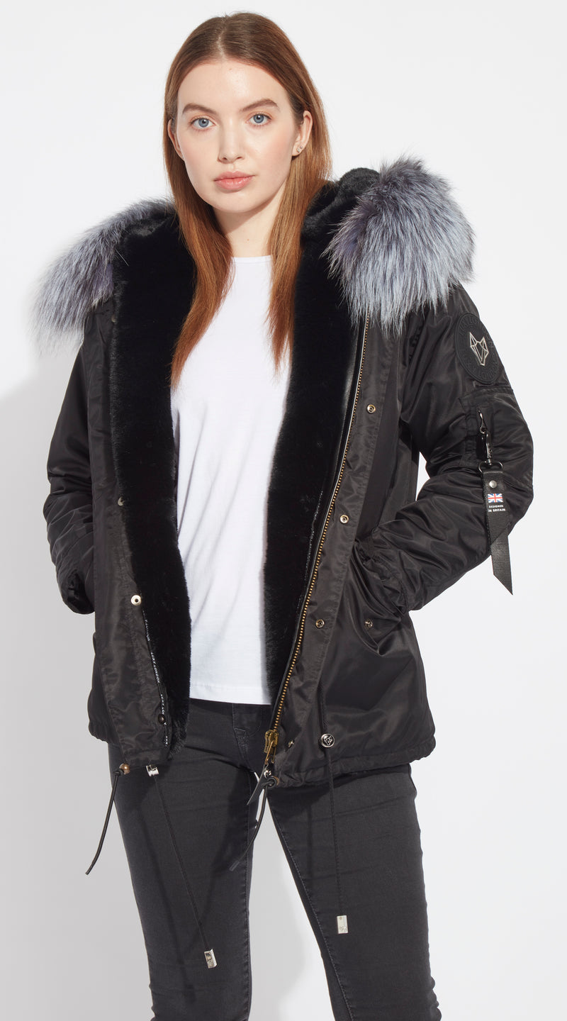 Womens Black Water-Repellent Luxy Fur Parka  - Silver Fox