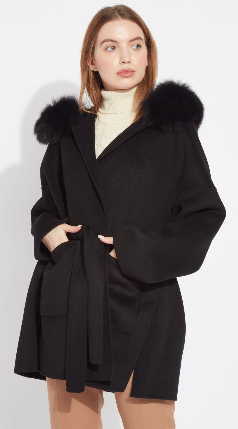 The London Cashmere & Fox Fur Belted Coat - Black