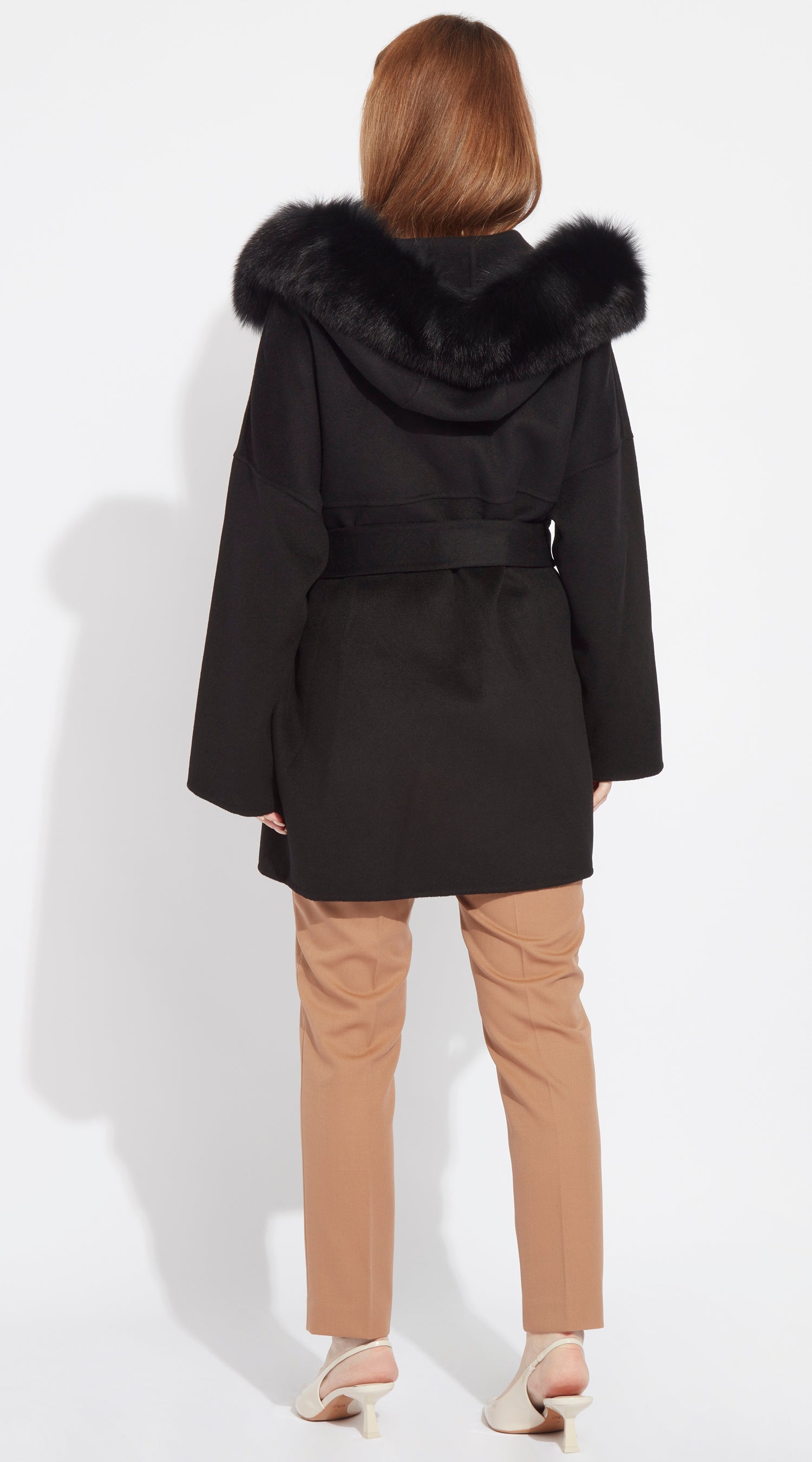The London Cashmere & Fox Fur Belted Coat - Black