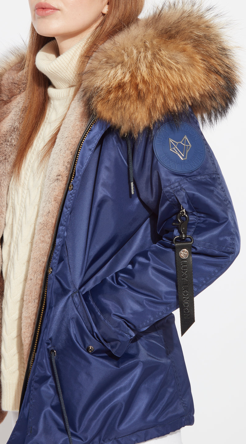 Womens Navy Water-Repellent Luxy Fur Parka - Natural