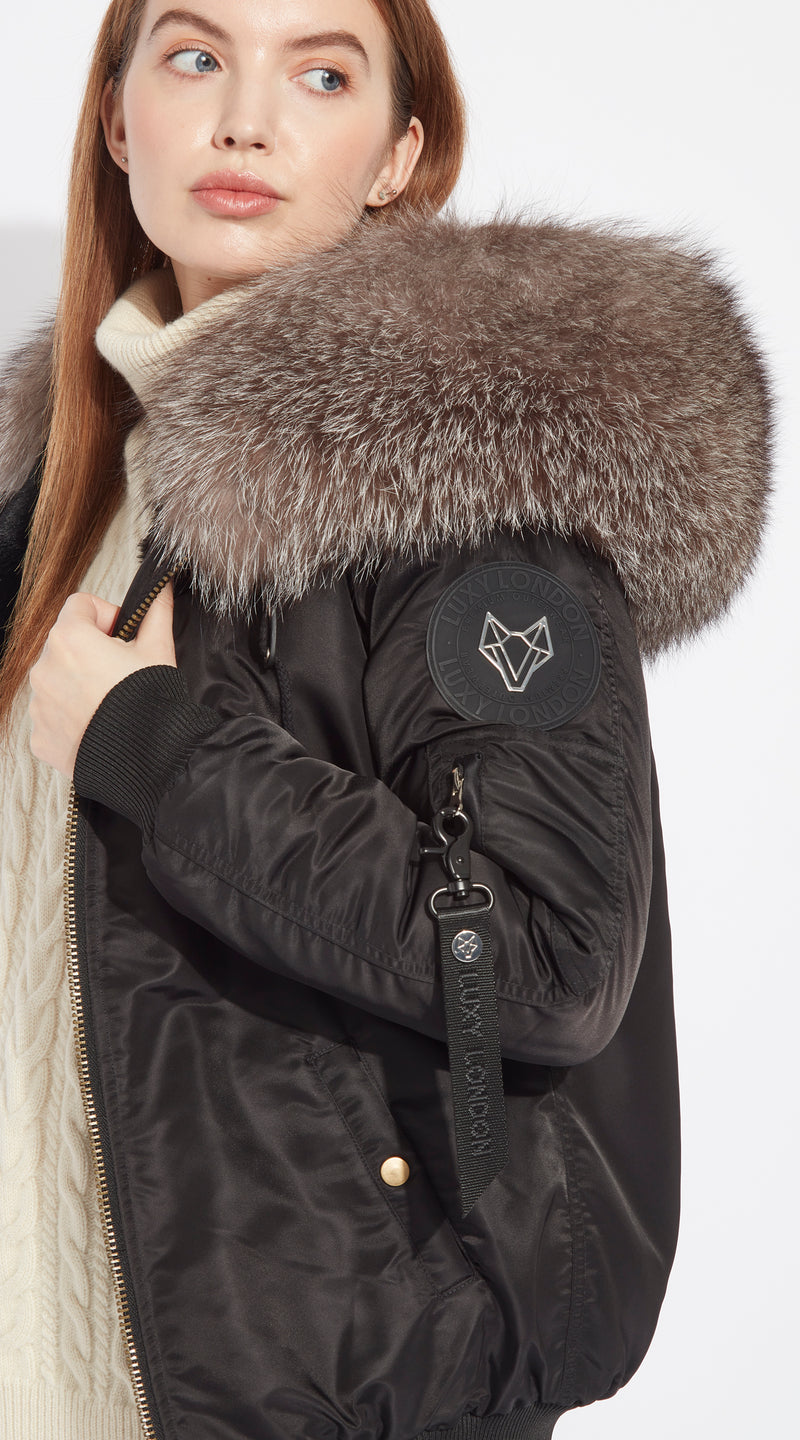 Womens Black Luxy Fur Bomber - Silver Frost Fox